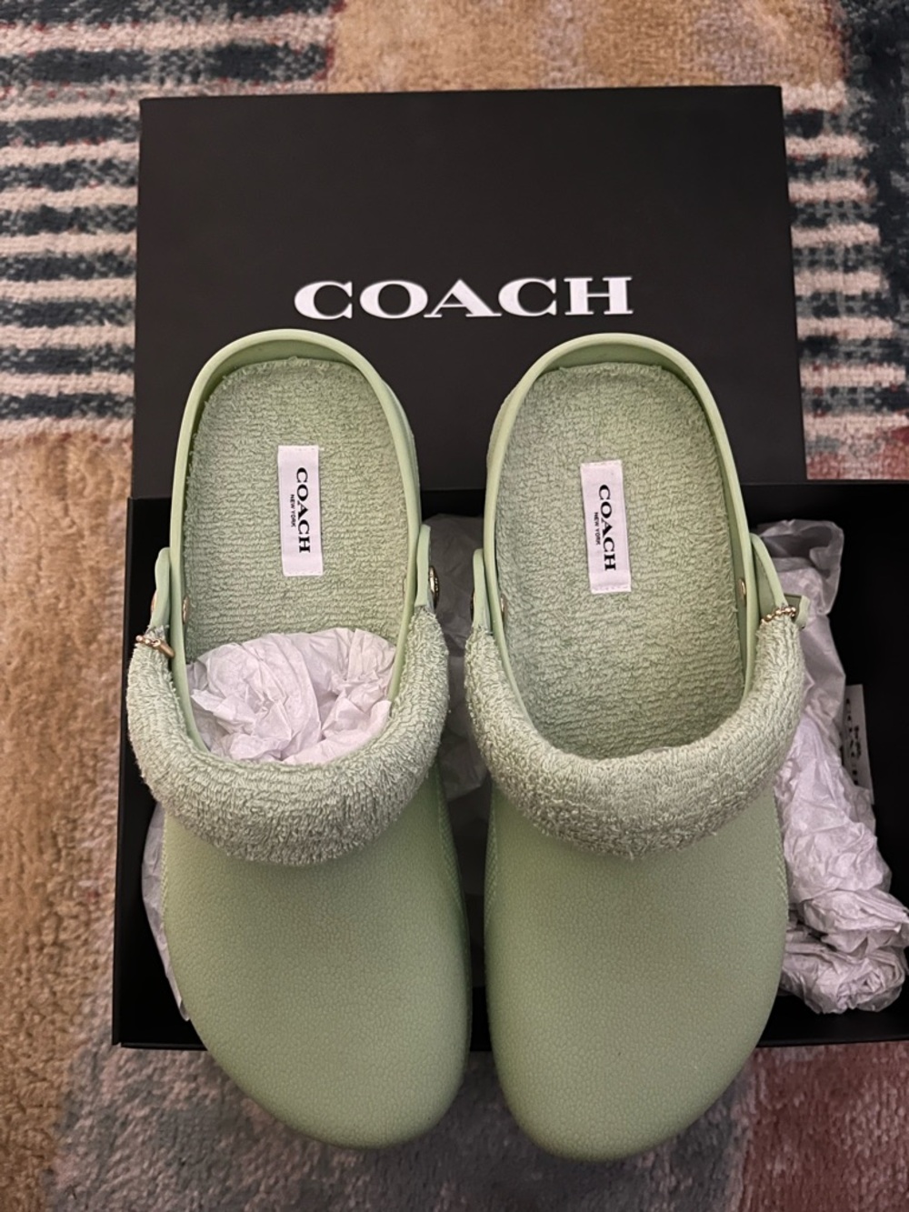 Coach Mint Green Terry Lined Slip-On Clogs